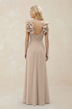 Ruffled Sleeves A - Line Chiffon Sweetheart Bridesmaid Dress in Almond - KISS BRIDAL Bridesmaid Dresses