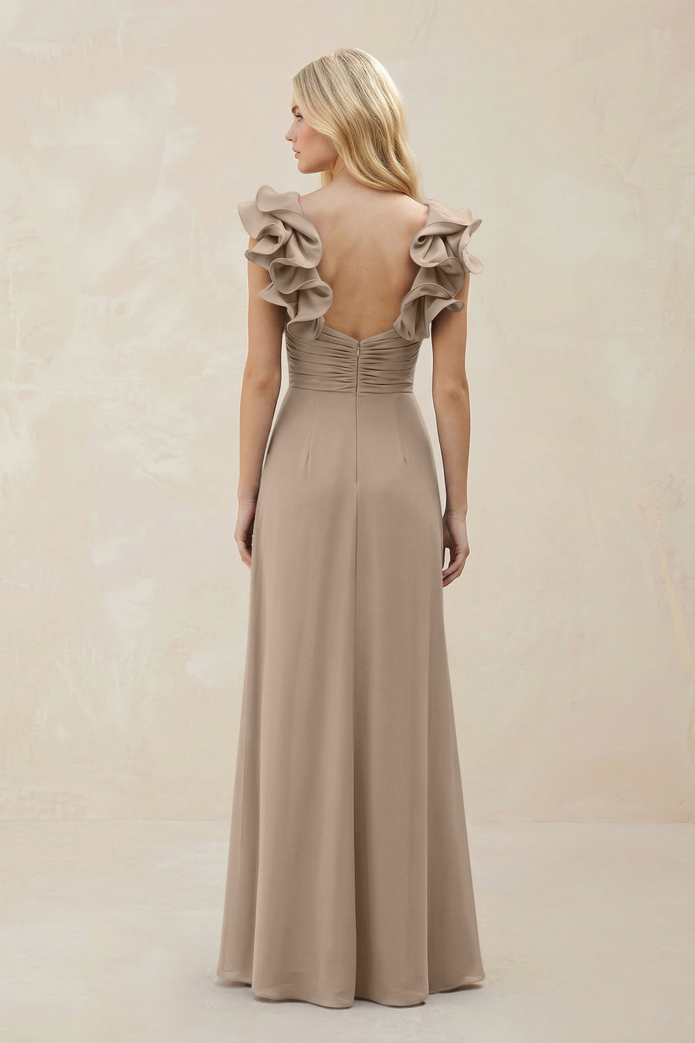 Ruffled Sleeves A-Line Chiffon Sweetheart Bridesmaid Dress in Almond