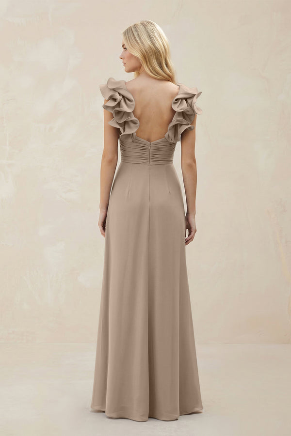 Ruffled Sleeves A-Line Chiffon Sweetheart Bridesmaid Dress in Almond (2) | KISSBRIDAL