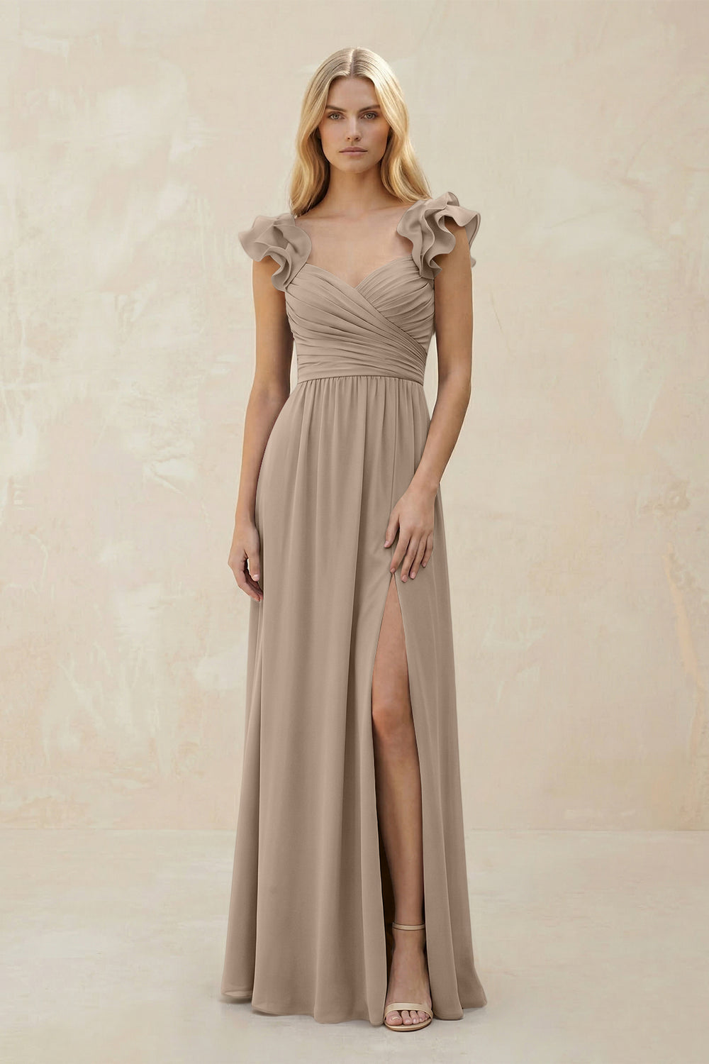 Ruffled Sleeves A-Line Chiffon Sweetheart Bridesmaid Dress in Almond