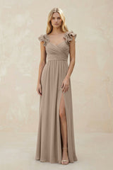 Ruffled Sleeves A-Line Chiffon Sweetheart Bridesmaid Dress in Almond | KISSBRIDAL