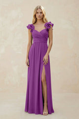 Ruffled Sleeves A - Line Chiffon Sweetheart Bridesmaid Dress in Amethyst - KISS BRIDAL Bridesmaid Dresses