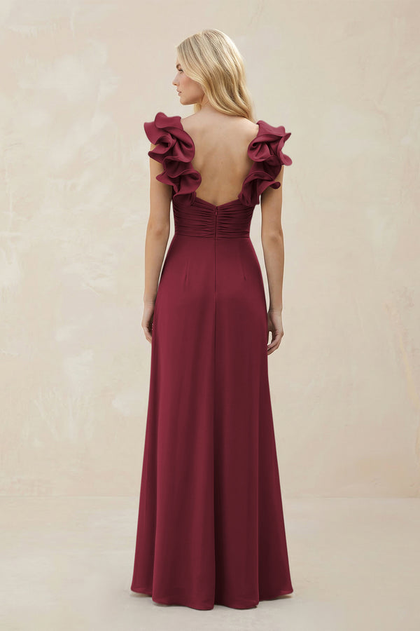 Ruffled Sleeves A-Line Chiffon Sweetheart Bridesmaid Dress in Berry (2) | KISSBRIDAL