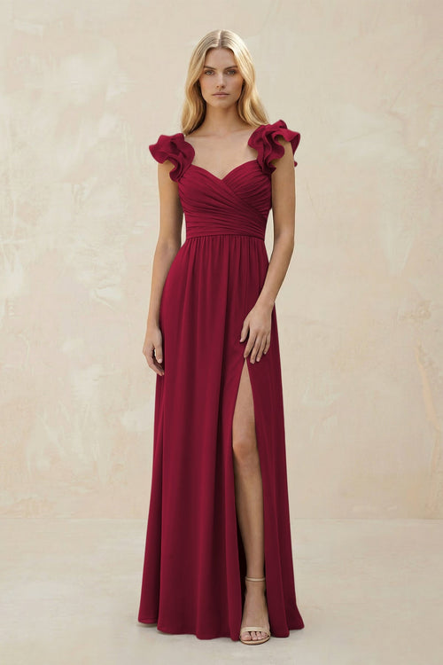 Ruffled Sleeves A - Line Chiffon Sweetheart Bridesmaid Dress in Berry - KISS BRIDAL Bridesmaid Dresses