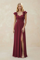 Ruffled Sleeves A-Line Chiffon Sweetheart Bridesmaid Dress in Berry | KISSBRIDAL