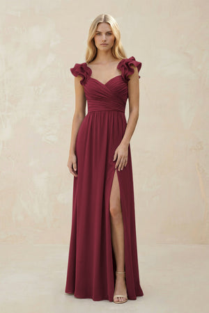 Ruffled Sleeves A-Line Chiffon Sweetheart Bridesmaid Dress in Berry | KISSBRIDAL