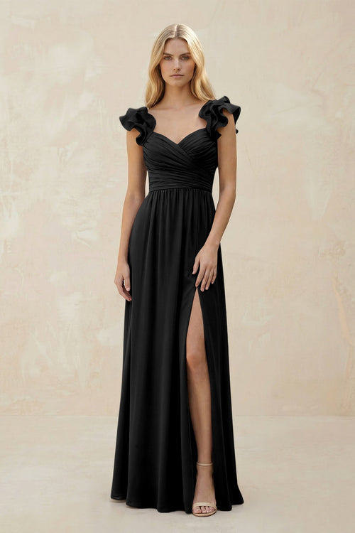 Ruffled Sleeves A - Line Chiffon Sweetheart Bridesmaid Dress in Black - KISS BRIDAL Bridesmaid Dresses