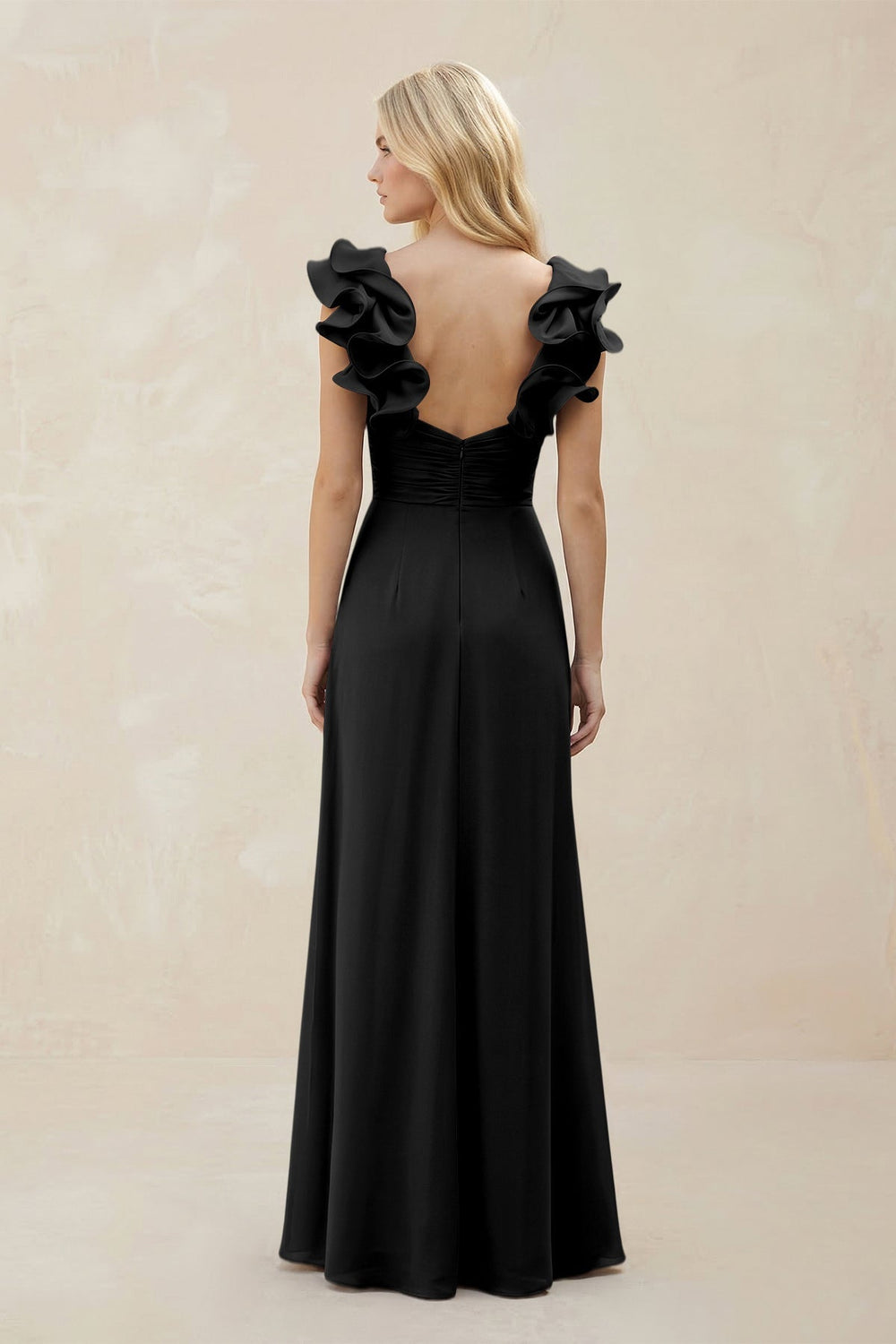 Ruffled Sleeves A - Line Chiffon Sweetheart Bridesmaid Dress in Black - KISS BRIDAL Bridesmaid Dresses
