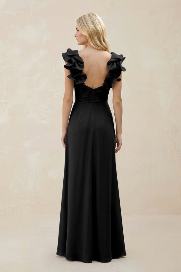 Ruffled Sleeves A - Line Chiffon Sweetheart Bridesmaid Dress in Black - KISS BRIDAL Bridesmaid Dresses