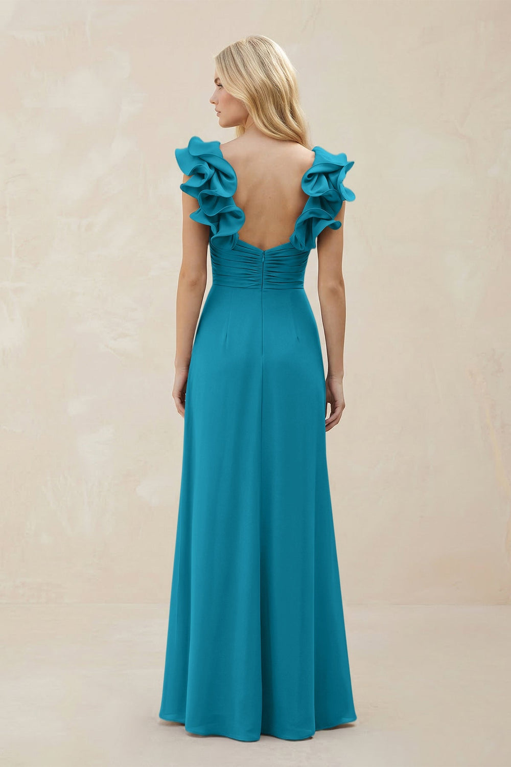 Ruffled Sleeves A - Line Chiffon Sweetheart Bridesmaid Dress in Blue Jay - KISS BRIDAL Bridesmaid Dresses