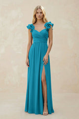 Ruffled Sleeves A - Line Chiffon Sweetheart Bridesmaid Dress in Blue Jay - KISS BRIDAL Bridesmaid Dresses
