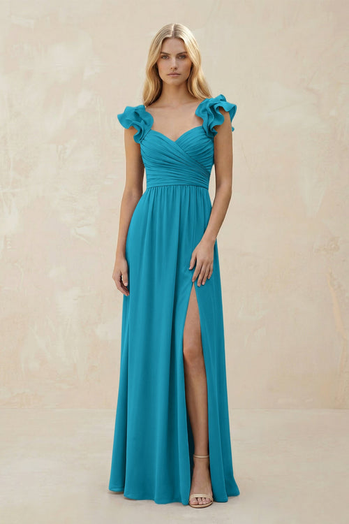 Ruffled Sleeves A - Line Chiffon Sweetheart Bridesmaid Dress in Blue Jay - KISS BRIDAL Bridesmaid Dresses
