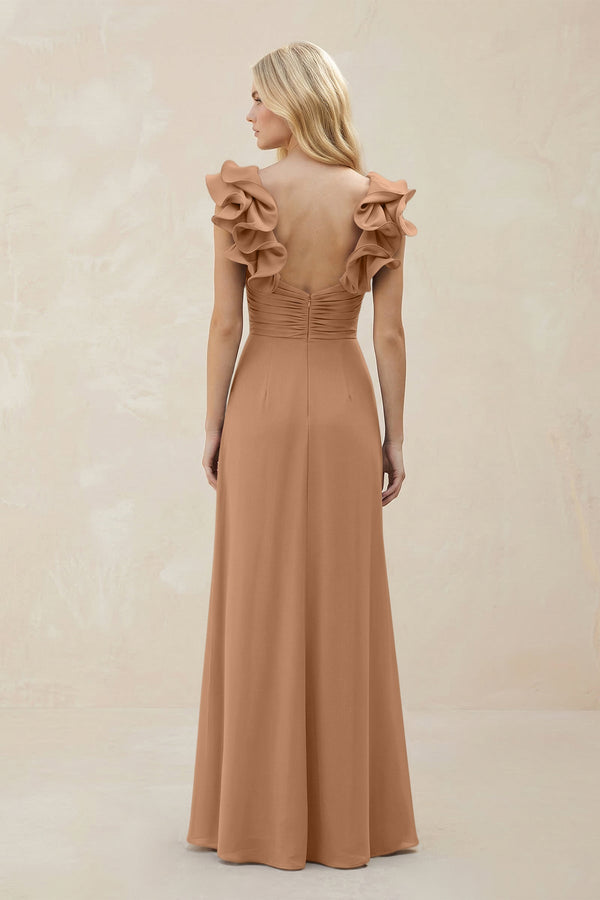 Ruffled Sleeves A - Line Chiffon Sweetheart Bridesmaid Dress in Bronzer - KISS BRIDAL Bridesmaid Dresses