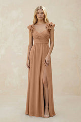 Ruffled Sleeves A - Line Chiffon Sweetheart Bridesmaid Dress in Bronzer - KISS BRIDAL Bridesmaid Dresses