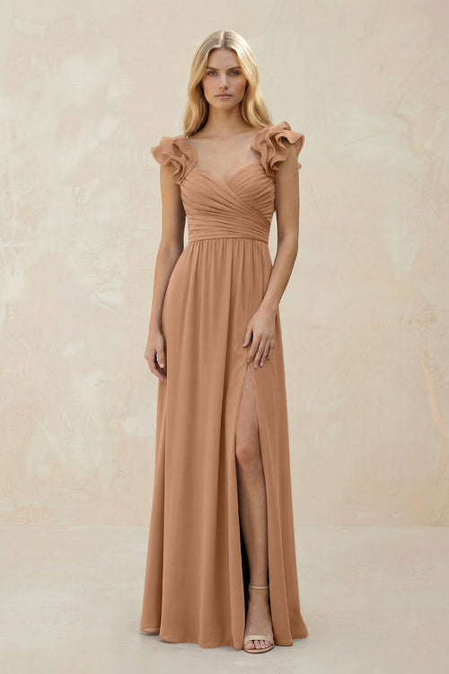 Ruffled Sleeves A - Line Chiffon Sweetheart Bridesmaid Dress in Bronzer - KISS BRIDAL Bridesmaid Dresses