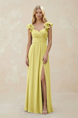 Ruffled Sleeves A - Line Chiffon Sweetheart Bridesmaid Dress in Buttercup - KISS BRIDAL Bridesmaid Dresses