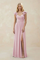 Ruffled Sleeves A - Line Chiffon Sweetheart Bridesmaid Dress in Candy Pink - KISS BRIDAL Bridesmaid Dresses