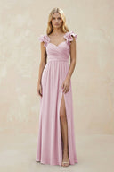 Ruffled Sleeves A-Line Chiffon Sweetheart Bridesmaid Dress in Candy Pink | KISSBRIDAL