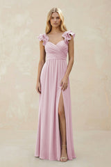Ruffled Sleeves A-Line Chiffon Sweetheart Bridesmaid Dress in Candy Pink | KISSBRIDAL