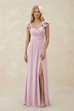 Ruffled Sleeves A-Line Chiffon Sweetheart Bridesmaid Dress in Candy Pink | KISSBRIDAL