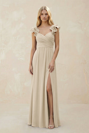 Ruffled Sleeves A - Line Chiffon Sweetheart Bridesmaid Dress in Champagne - KISS BRIDAL Bridesmaid Dresses