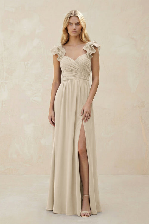 Ruffled Sleeves A - Line Chiffon Sweetheart Bridesmaid Dress in Champagne - KISS BRIDAL Bridesmaid Dresses