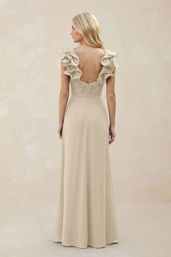 Ruffled Sleeves A - Line Chiffon Sweetheart Bridesmaid Dress in Champagne - KISS BRIDAL Bridesmaid Dresses