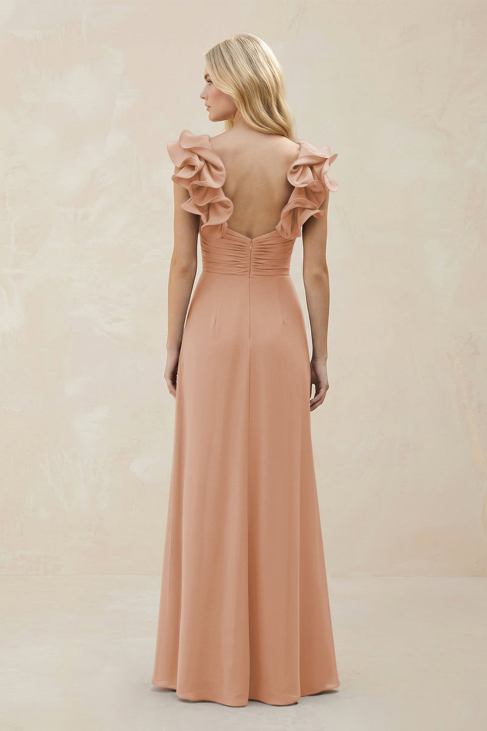 Ruffled Sleeves A - Line Chiffon Sweetheart Bridesmaid Dress in Champagne Rose - KISS BRIDAL Bridesmaid Dresses