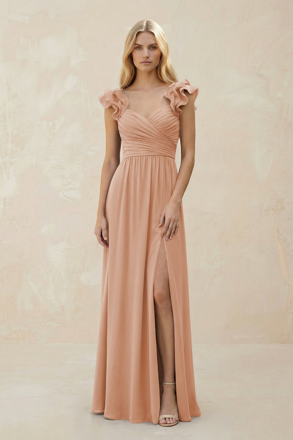 Ruffled Sleeves A - Line Chiffon Sweetheart Bridesmaid Dress in Champagne Rose - KISS BRIDAL Bridesmaid Dresses