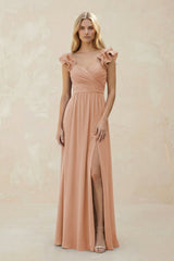 Ruffled Sleeves A - Line Chiffon Sweetheart Bridesmaid Dress in Champagne Rose - KISS BRIDAL Bridesmaid Dresses