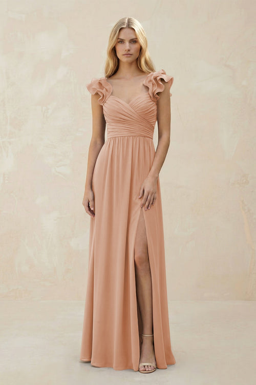 Ruffled Sleeves A - Line Chiffon Sweetheart Bridesmaid Dress in Champagne Rose - KISS BRIDAL Bridesmaid Dresses