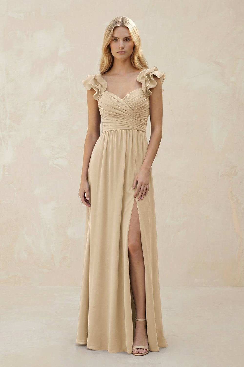 Ruffled Sleeves A-Line Chiffon Sweetheart Bridesmaid Dress in Champagne