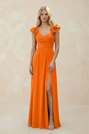 Ruffled Sleeves A - Line Chiffon Sweetheart Bridesmaid Dress in Cinnamon - KISS BRIDAL Bridesmaid Dresses