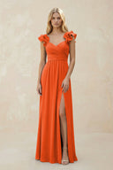 Ruffled Sleeves A-Line Chiffon Sweetheart Bridesmaid Dress in Cinnamon | KISSBRIDAL