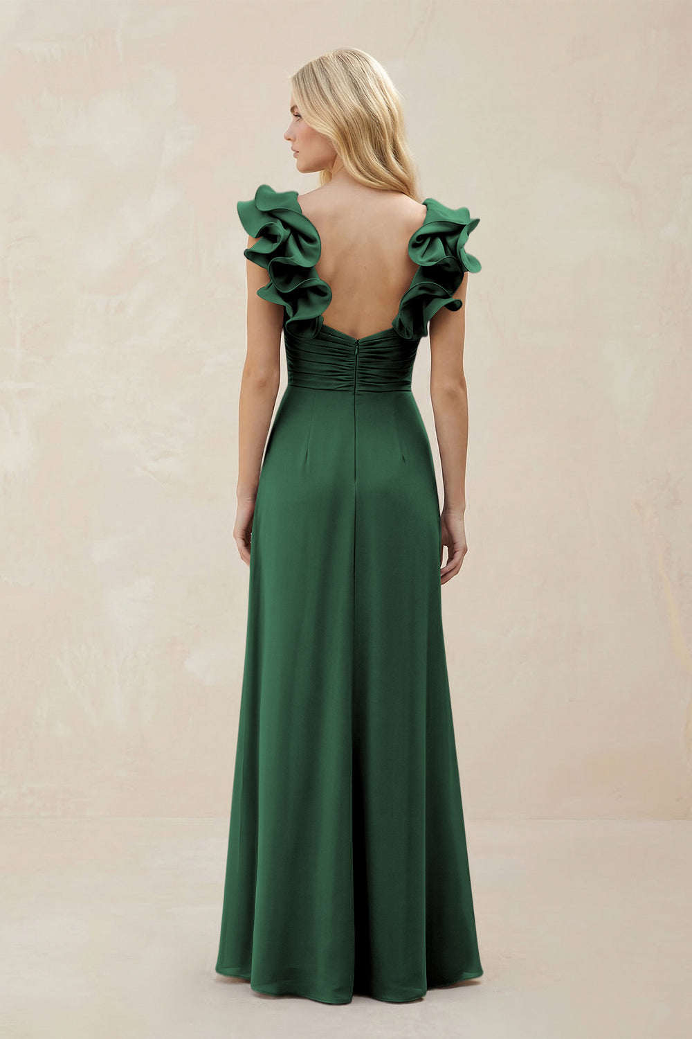 Ruffled Sleeves A-Line Chiffon Sweetheart Bridesmaid Dress in Dark Green