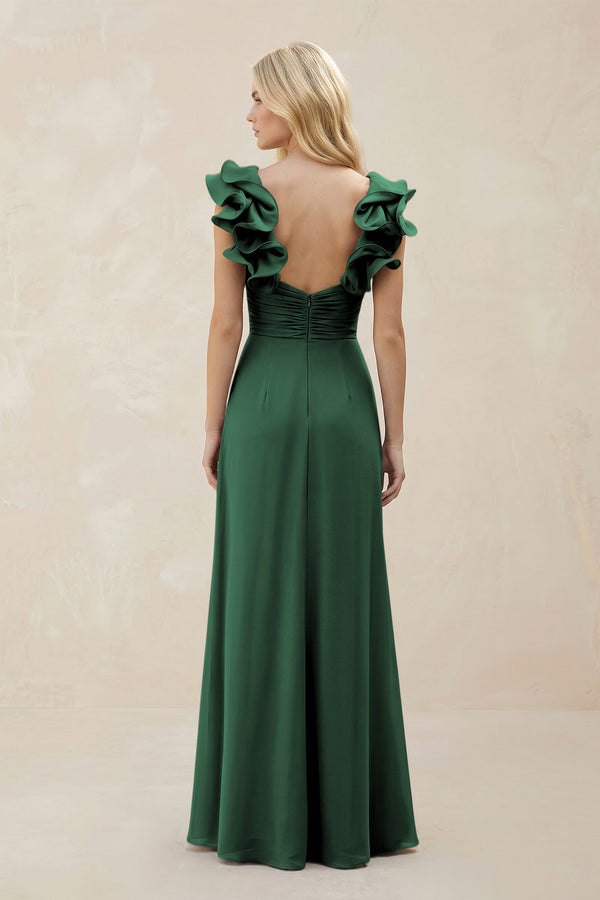Ruffled Sleeves A-Line Chiffon Sweetheart Bridesmaid Dress in Dark Green (2) | KISSBRIDAL