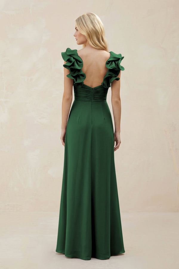 Ruffled Sleeves A - Line Chiffon Sweetheart Bridesmaid Dress in Dark Green - KISS BRIDAL Bridesmaid Dresses