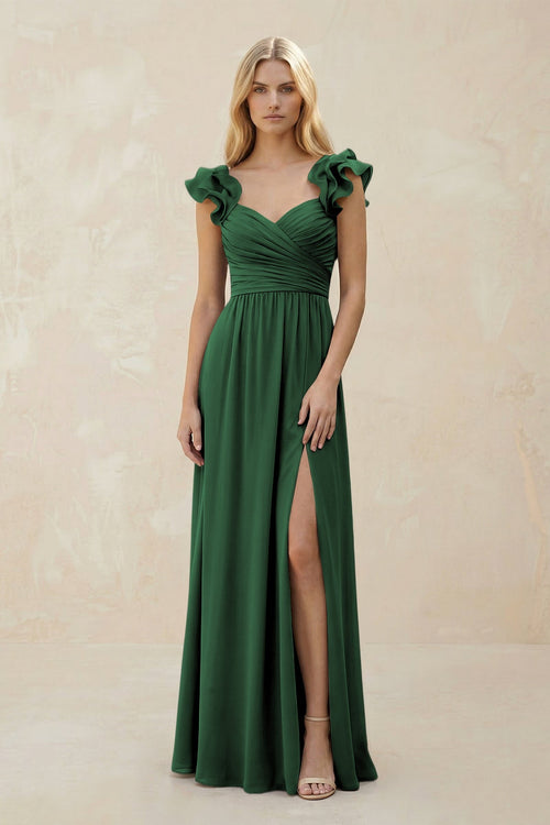 Ruffled Sleeves A - Line Chiffon Sweetheart Bridesmaid Dress in Dark Green - KISS BRIDAL Bridesmaid Dresses