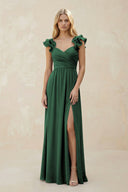 Ruffled Sleeves A-Line Chiffon Sweetheart Bridesmaid Dress in Dark Green | KISSBRIDAL