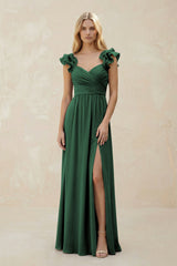 Ruffled Sleeves A-Line Chiffon Sweetheart Bridesmaid Dress in Dark Green | KISSBRIDAL
