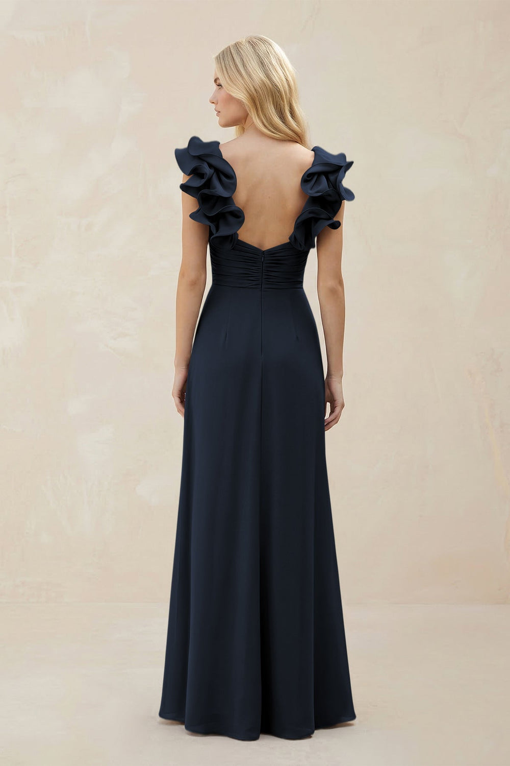 Ruffled Sleeves A - Line Chiffon Sweetheart Bridesmaid Dress in Dark Navy - KISS BRIDAL Bridesmaid Dresses