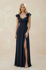 Ruffled Sleeves A - Line Chiffon Sweetheart Bridesmaid Dress in Dark Navy - KISS BRIDAL Bridesmaid Dresses