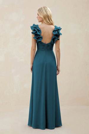 Ruffled Sleeves A - Line Chiffon Sweetheart Bridesmaid Dress in Dark Teal - KISS BRIDAL Bridesmaid Dresses