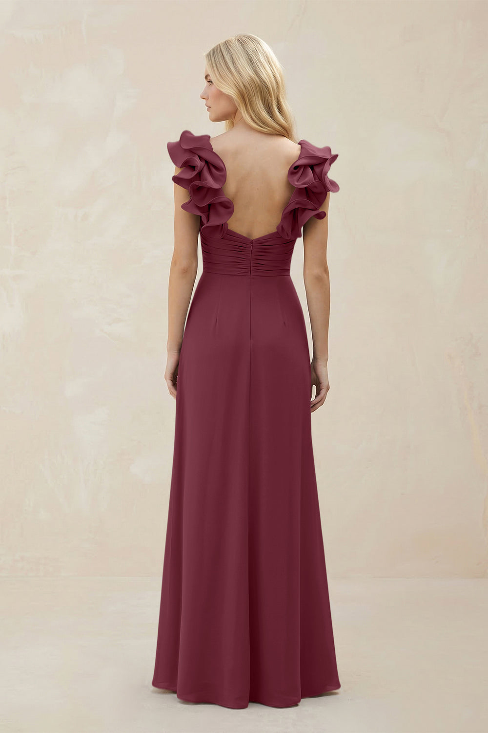 Ruffled Sleeves A-Line Chiffon Sweetheart Bridesmaid Dress in Desert Rose