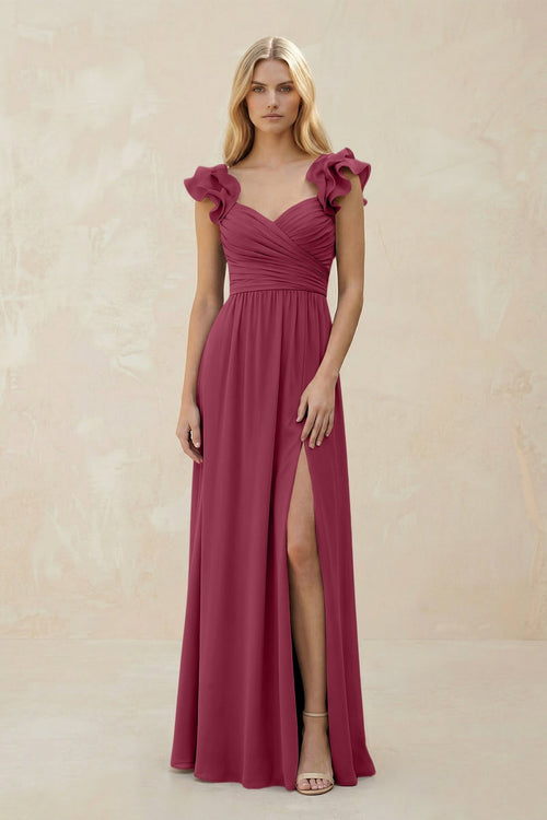 Ruffled Sleeves A - Line Chiffon Sweetheart Bridesmaid Dress in Desert Rose - KISS BRIDAL Bridesmaid Dresses