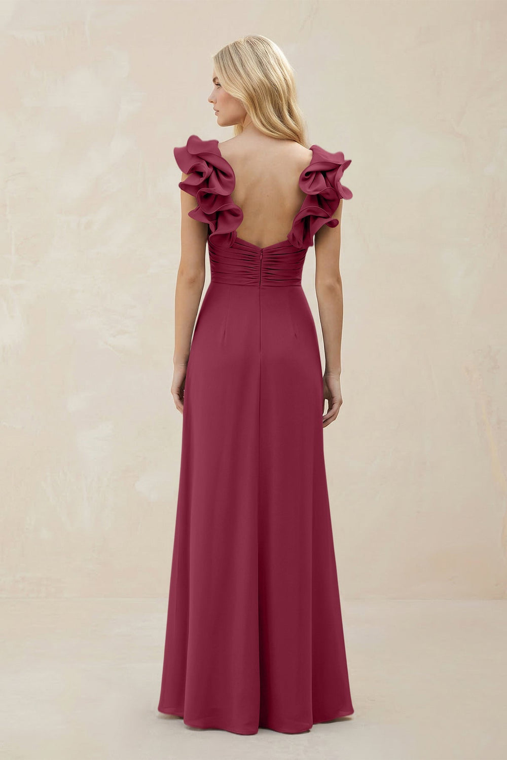 Ruffled Sleeves A - Line Chiffon Sweetheart Bridesmaid Dress in Desert Rose - KISS BRIDAL Bridesmaid Dresses