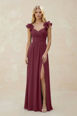 Ruffled Sleeves A-Line Chiffon Sweetheart Bridesmaid Dress in Desert Rose | KISSBRIDAL