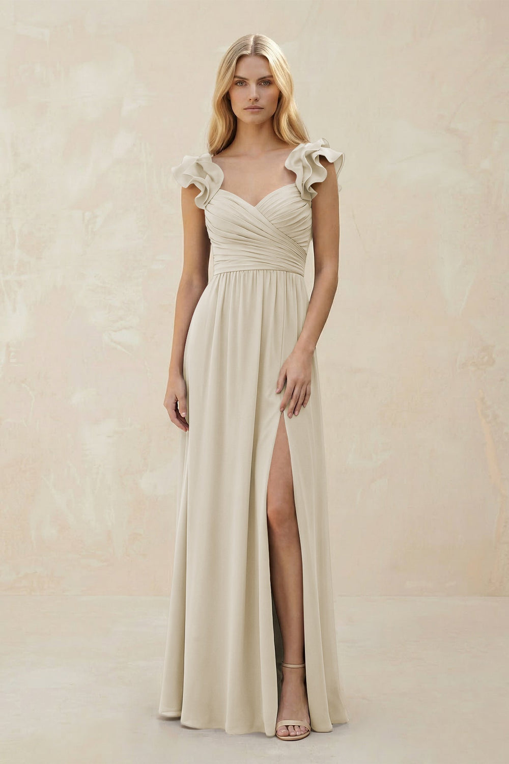 Ruffled Sleeves A - Line Chiffon Sweetheart Bridesmaid Dress in Dove Gray - KISS BRIDAL Bridesmaid Dresses