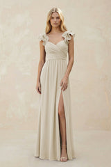 Ruffled Sleeves A - Line Chiffon Sweetheart Bridesmaid Dress in Dove Gray - KISS BRIDAL Bridesmaid Dresses