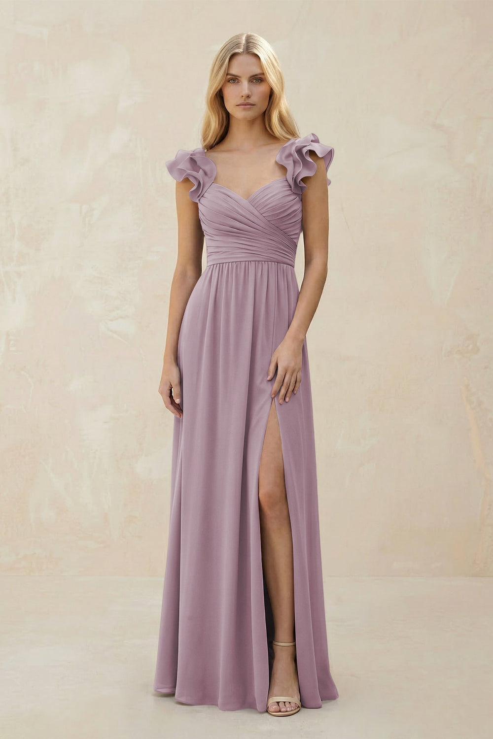 Ruffled Sleeves A - Line Chiffon Sweetheart Bridesmaid Dress in Dusk - KISS BRIDAL Bridesmaid Dresses